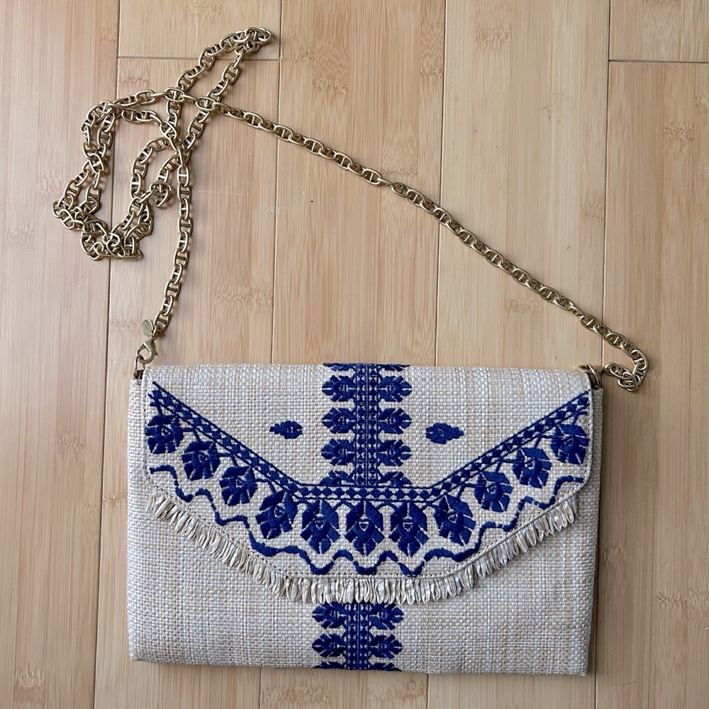 Stella & Dot Raffia Clutch with Accessory Gold Chain